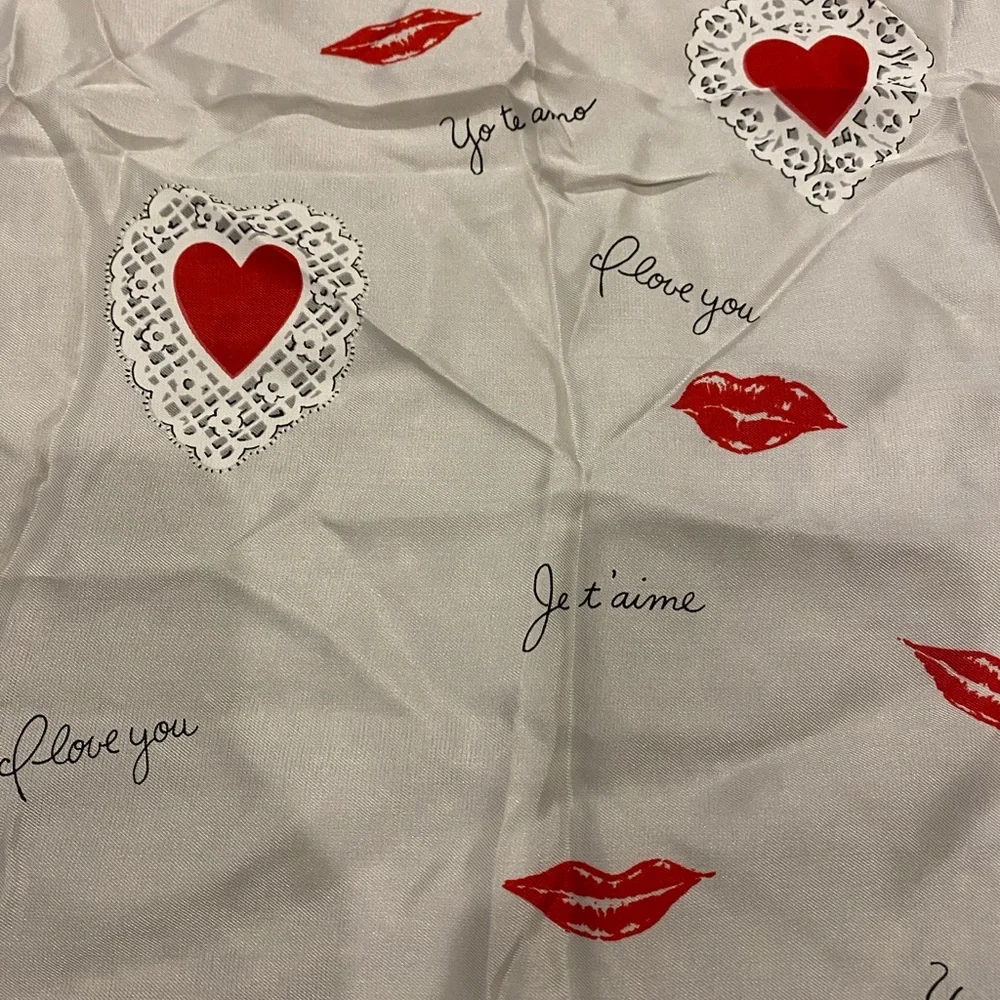Heart & Lip Print Square Scarf - Red on Ivory - Picture 6 of 9